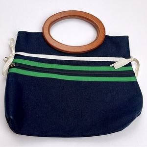Banner House Navy Blue Kelly Green‎ Wood Handle Canvas Vintage Bermuda Bag FLAW